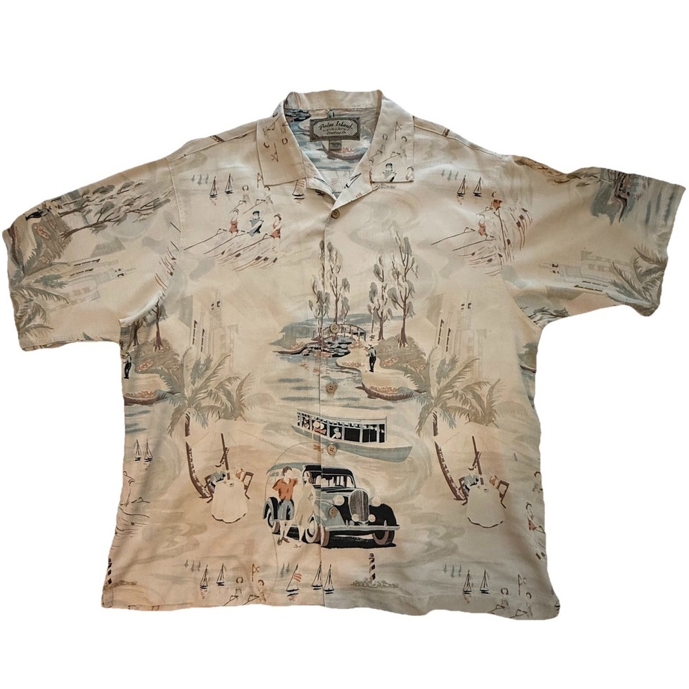 Vtg Palm Island Men's Tropical Shirt Button, 100% Silk, 60s Cars & Boat DesignXL